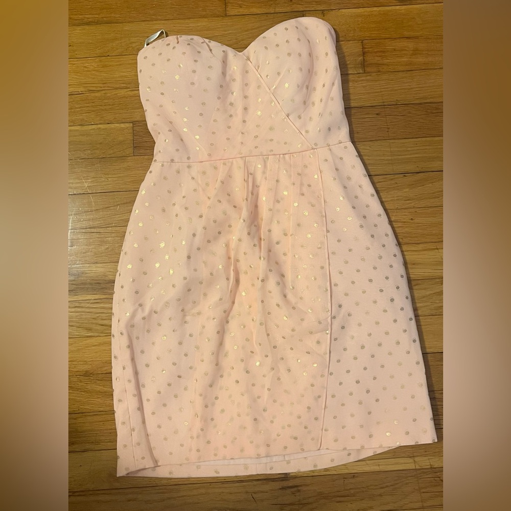 strapless pink poke-a-dot dress